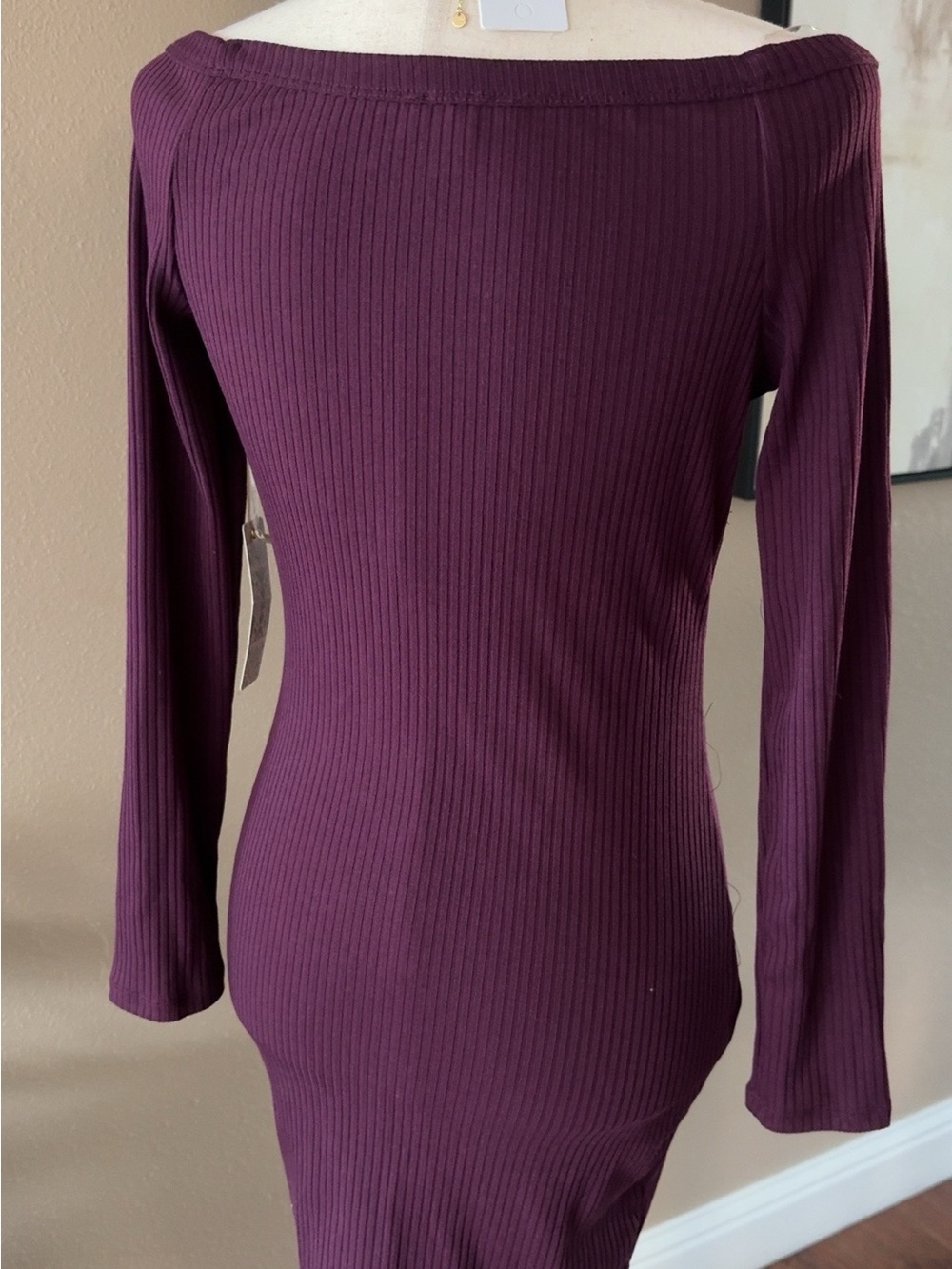 Off-Shoulder Ribbed Button-Front Bodycon Dress in Plum - Picture 8 of 8